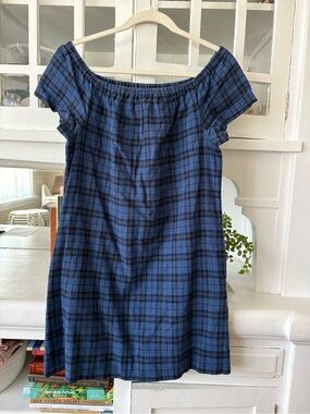 Madewell Blue and Black Plaid Off-Shoulder Shift Dress